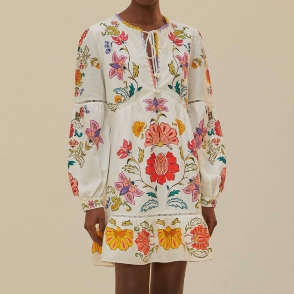 Farm Rio Floral Insects Mini Dress Small White Boho Tiered Whimsical Cottagecore